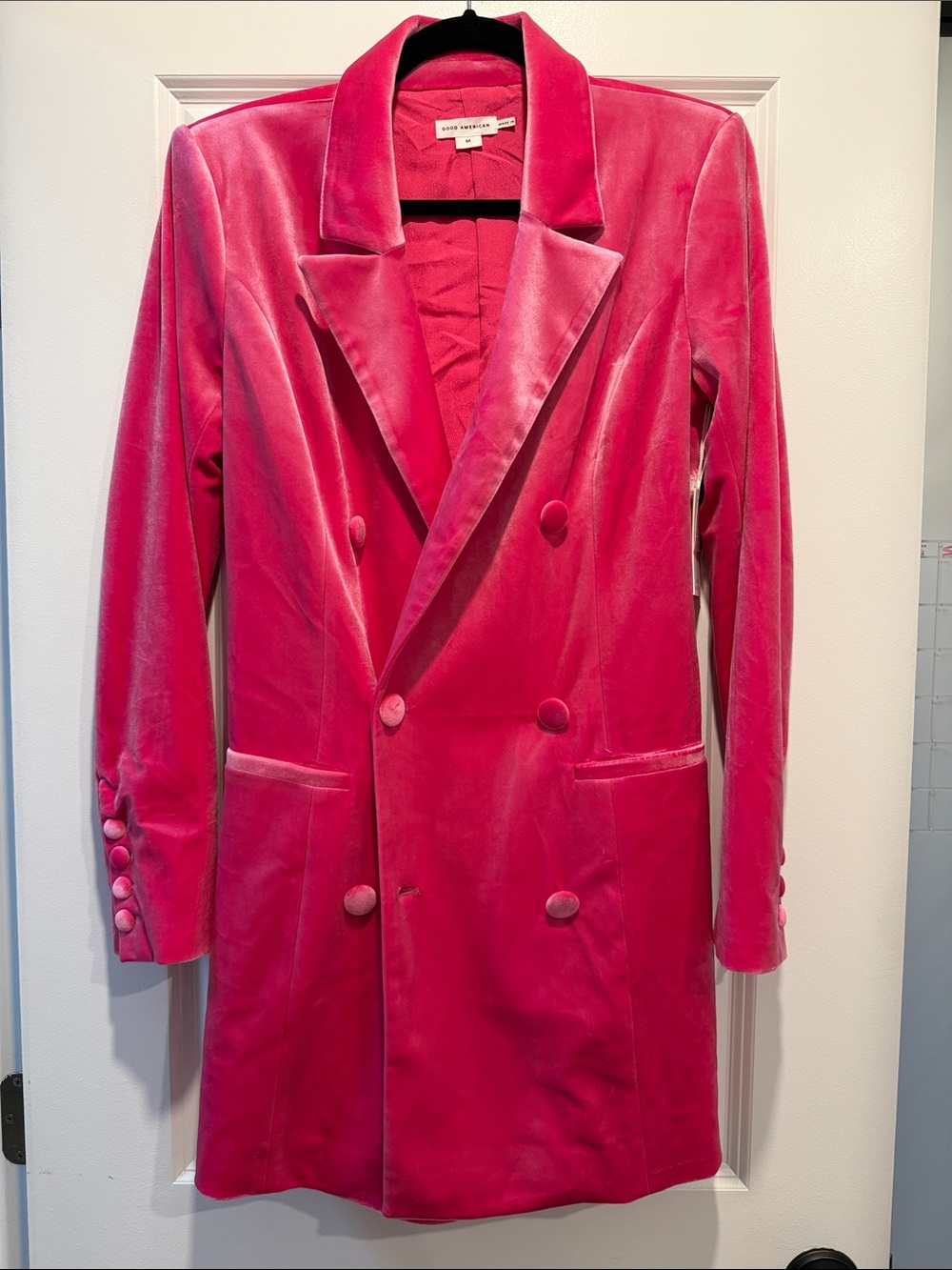 Good American Vibrant Pink Velvet Double-Breasted Blazer Dress/Jacket